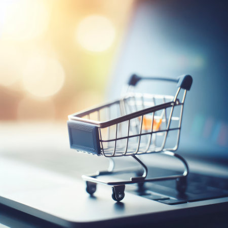 Miniature Shopping Cart on Laptop blured background. ai generative.の素材