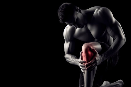 man suffering from pain in knee on solid black background. ai generative.の素材