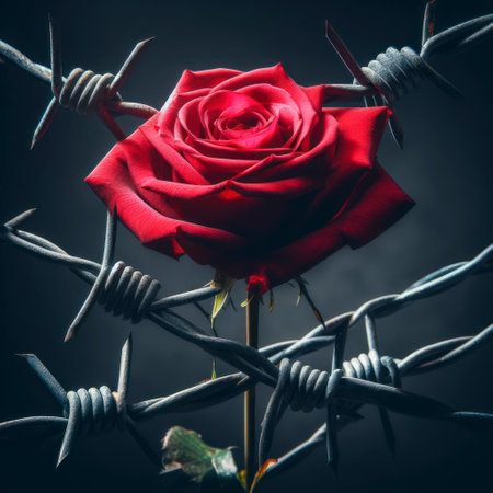 Sharp barbed wire ensnares a vivid red rose, emphasizing the juxtaposition of beauty and pain. ai generative.の素材