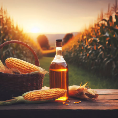 Rural Corn Oil Bottle in a Field. ai generative.の素材