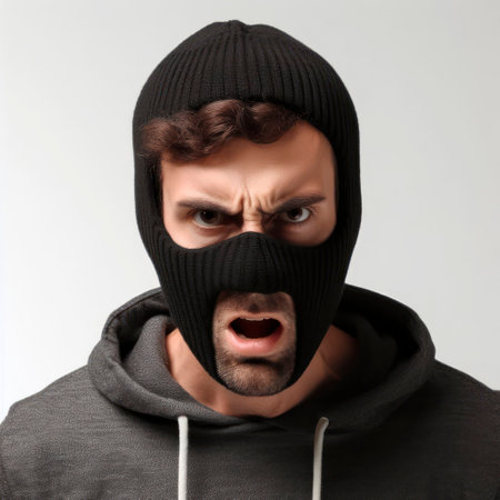 Portrait of angry Man in a robber mask on a white background. ai generative.の素材