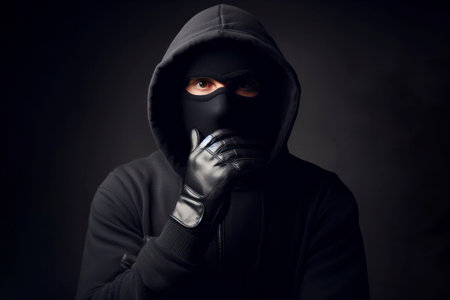 Man in a robber mask on a black background. ai generative.の素材