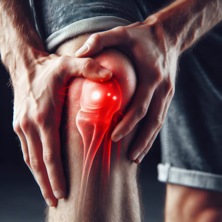 Man knee closeup with red elements to show the pain spot. ai generative.の素材