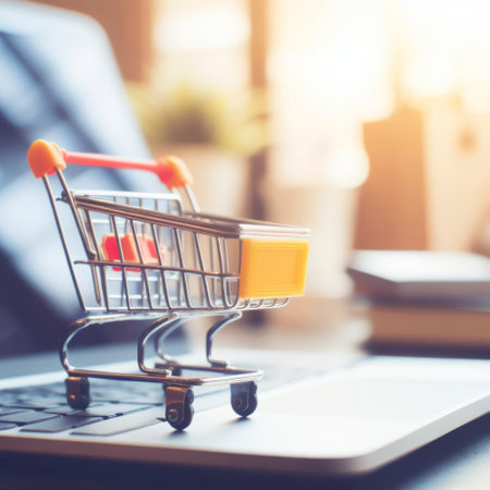 Miniature Shopping Cart on Laptop blured background. ai generative.の素材
