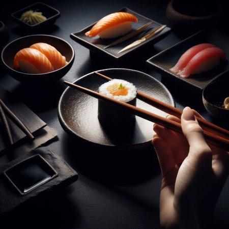 chopsticks hold sushi solid dark background spot light atmosphere lighting. ai generative.の素材