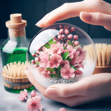 Creative soap bubble concept close up with fresh pink flowers inside. ai generative.の素材