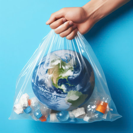 hand holding plastic bag with globe earth and plastic garbage on solid blue bright background. ai generative.の素材
