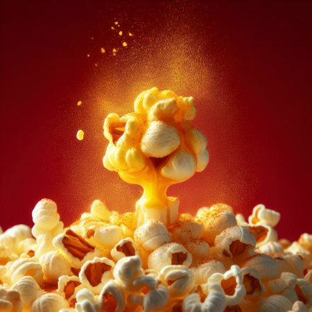 fly popcorn on red background. ai generative.の素材