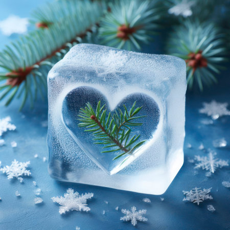 Heart shaped ice cube with fir tree branch and snowflakes on blue background. ai generative.の素材