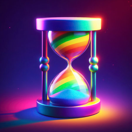 3D Hourglass in rainbow colors on solid rainbow background. ai generative.の素材