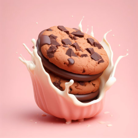 cookie chocolate in milk splash isolated on pink background. ai generative.の素材