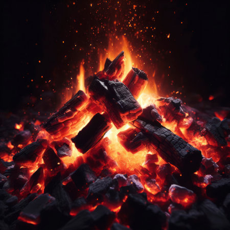 Embers Aglow Dramatic Burning Coals as Backdrop. ai generative.の素材