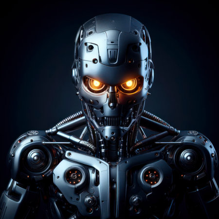 Evil Robot with glowing eyes on dark solid background. ai generative.の素材