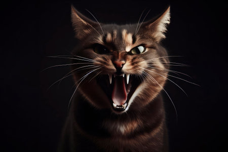 angry aggressive cat with open mouth on solid black background. ai generative.の素材