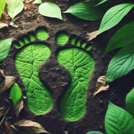 Green footprints on the ground among the leaves - the concept of human footprint in ecology. ai generative.の素材