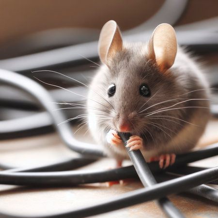 Gray Mouse Chewing on Electrical Wires. ai generative.の素材