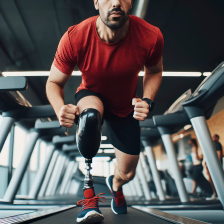 man with prosthetic legs on a treadmill closeup. ai generative.の素材