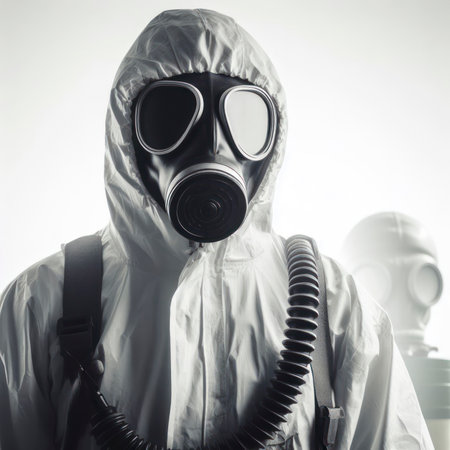 Man in Chemical Protection Gear and Gas Mask. ai generative.の素材