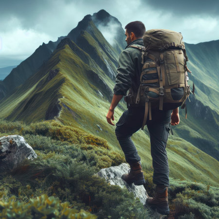 Mountain Expedition Man Ventures Through Hilly Terrain with Backpack. ai generative.の素材