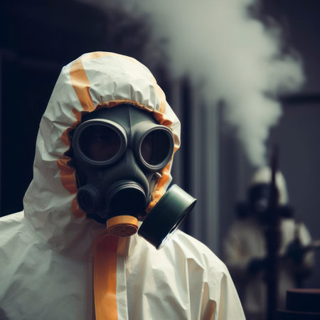 Man in Chemical Protection Gear and Gas Mask. ai generative.の素材