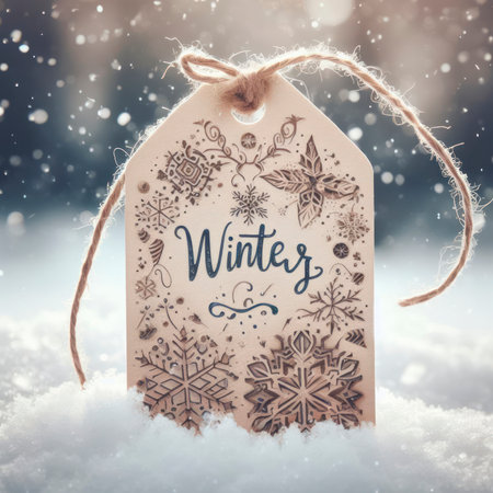 Winter Holiday Tag with Snowflakes image on snow nature weather background closeup. ai generative.の素材