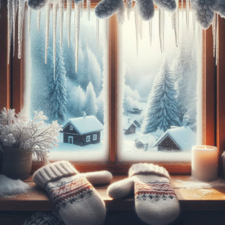 Winter Wonderland through Frosty Window. ai generative.の素材