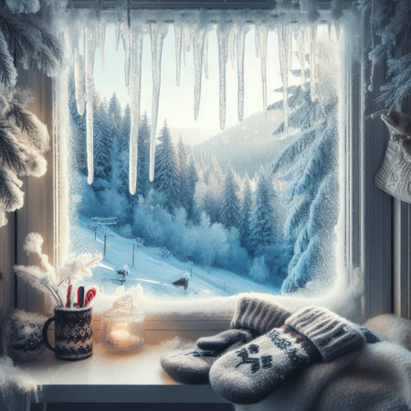 Winter Wonderland through Frosty Window. ai generative.の素材