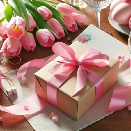 table decoration with pink tulips, gift box and greeting card on solid pink background. ai generative.の素材