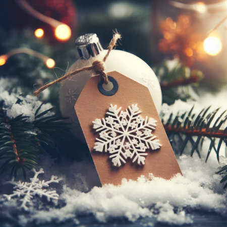 Winter Holiday Tag with Snowflakes image on snow nature weather background closeup. ai generative.の素材