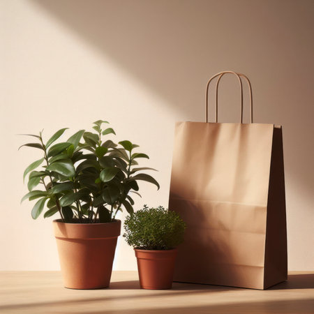 Pot Plant and Paper Bag Adorn the Table. ai generative.の素材