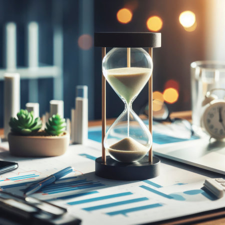 Closeup view of hourglass stand office measuring time. ai generative.の素材