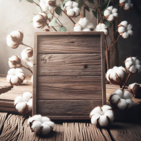 Empty rustic old wooden boards table copy space with cotton plants and white flowers in background. ai generative.の素材