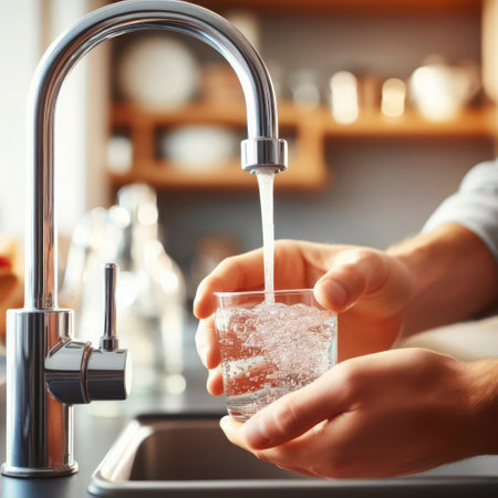 Clean Drinking Water Filling a Glass Cup from a Kitchen Tap. ai generative.の素材