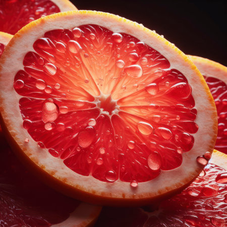 Fresh red grapefruit slices, with water drops over it, closeup macro detail. ai generative.の素材