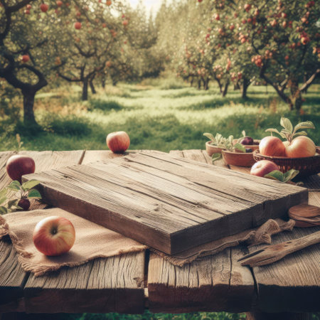 Empty rustic old wooden boards table copy space with apple trees orchard in background. ai generative.の素材