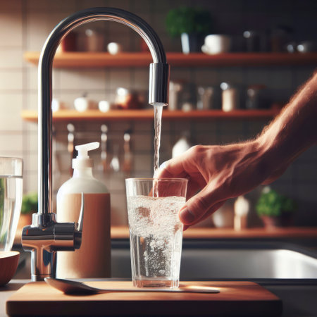 Clean Drinking Water Filling a Glass Cup from a Kitchen Tap. ai generative.の素材