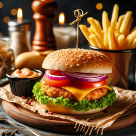 Fresh tasty chicken burger and French fries on wooden table. ai generative.の素材