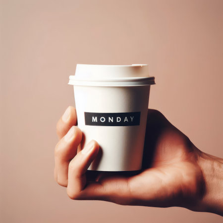 Close up coffee cup in hand with the word MONDAY on solid color background. ai generative.の素材