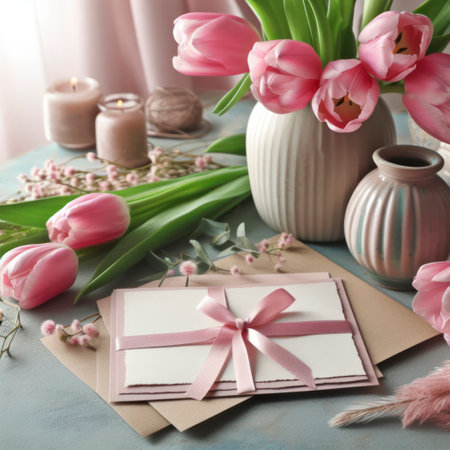 greeting Card with Pink Tulips on Table. ai generative.の素材
