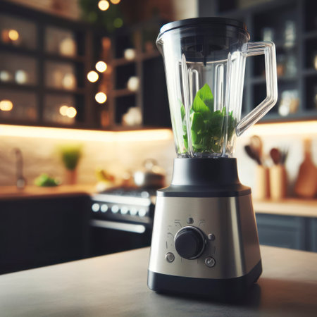 Photo of a Modern Blender on modern kitchen blurred background bokeh. ai generative.の素材
