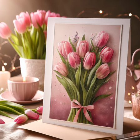 greeting Card with Pink Tulips on Table. ai generative.の素材