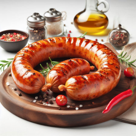 Fresh baked juicy sausage on a white background. ai generative.の素材