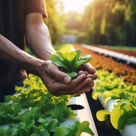 Close up farmer hands in hydroponic garden during morning. ai generative.の素材