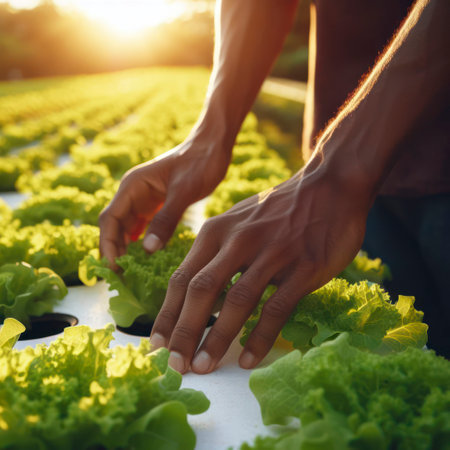 Close up farmer hands in hydroponic garden during morning. ai generative.の素材
