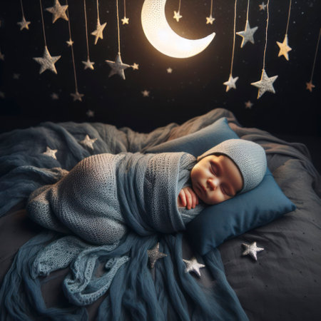 The baby is sleeping, cozy sleep under the stars and the moon on dark background. ai generative.の素材