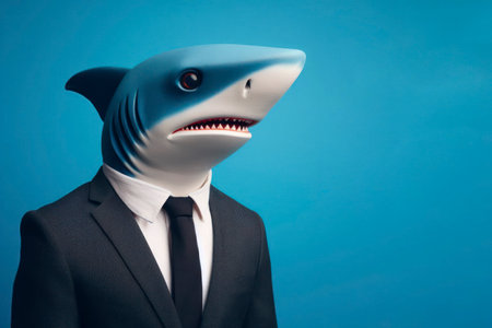 Photo of an angry aggressive Shark in a business suit portrait on solid blue background. ai generative.の素材