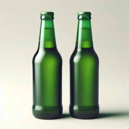 Green beer bottles mockup on solid background. ai generative.の素材