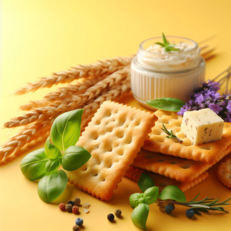 Tasty crispy crackers on a yellow background. ai generative.の素材