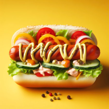 Tasty delicious hot dog on a yellow background. ai generative.の素材