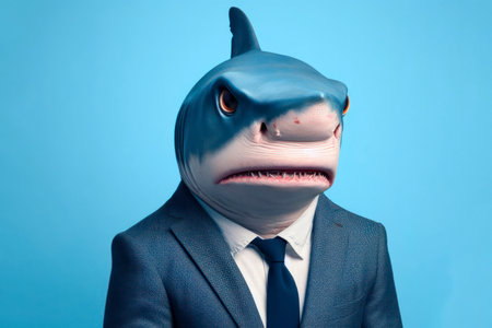 Photo of an angry aggressive Shark in a business suit portrait on solid blue background. ai generative.の素材